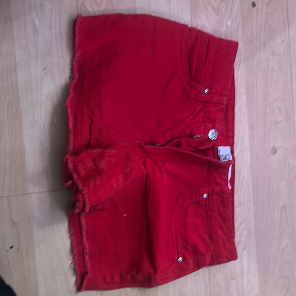 red jean shorts